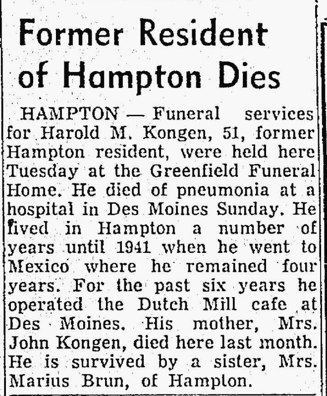 Harold's obituary in the Mason City Globe-Gazette on 25 Nov 1953