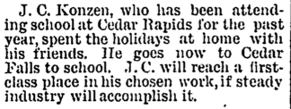 John Charles Konzen, who has been attending school at Cedar Rapids now goes to Cedar Falls to school - 01081891 - New Hampton Courier copy